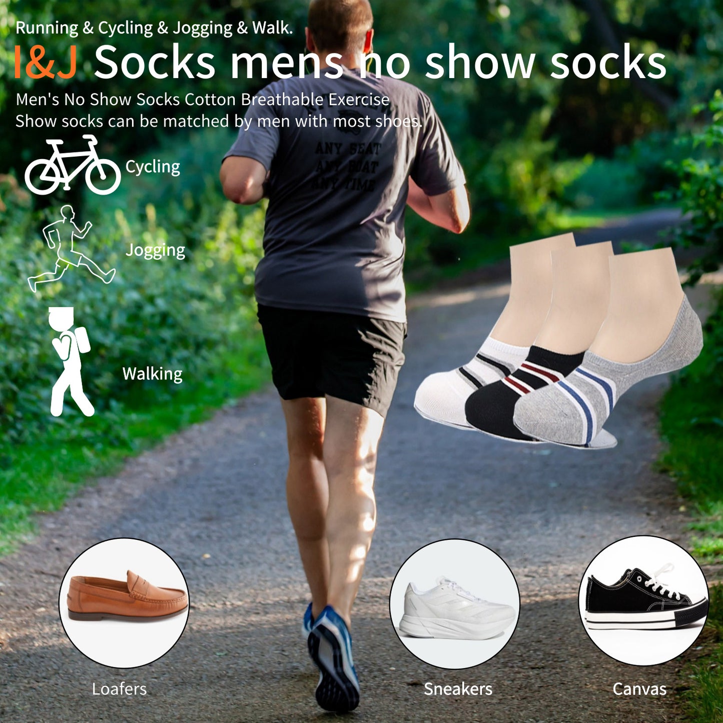 I&J Men's Fashion Sneakers Ringle line No Show Ankle Socks Low Cut Invisible Non Slip Liner Socks(3pairs/6pairs/12pairs)