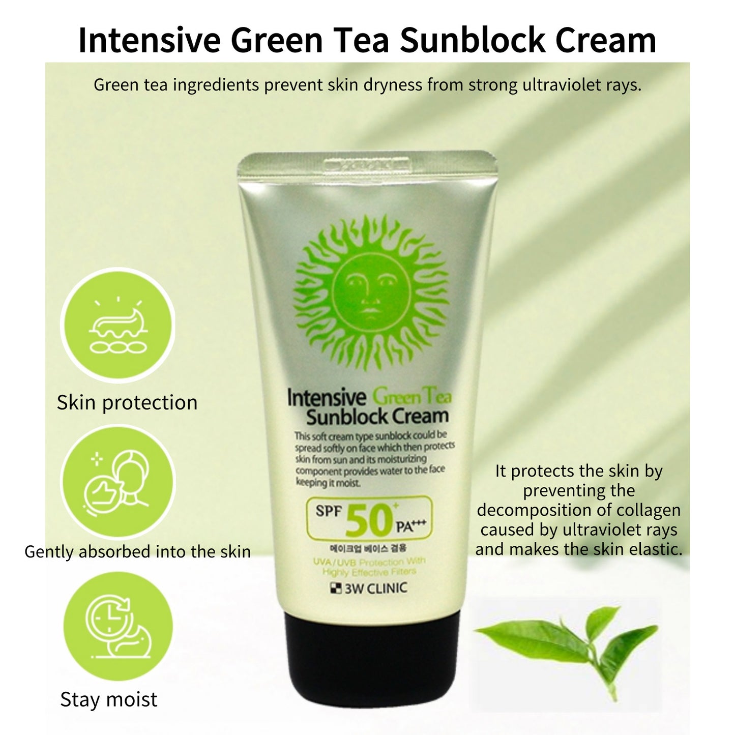 3W Clinic Intensive Green Tea Sunblock Cream SPF 50+PA+++ 70ml