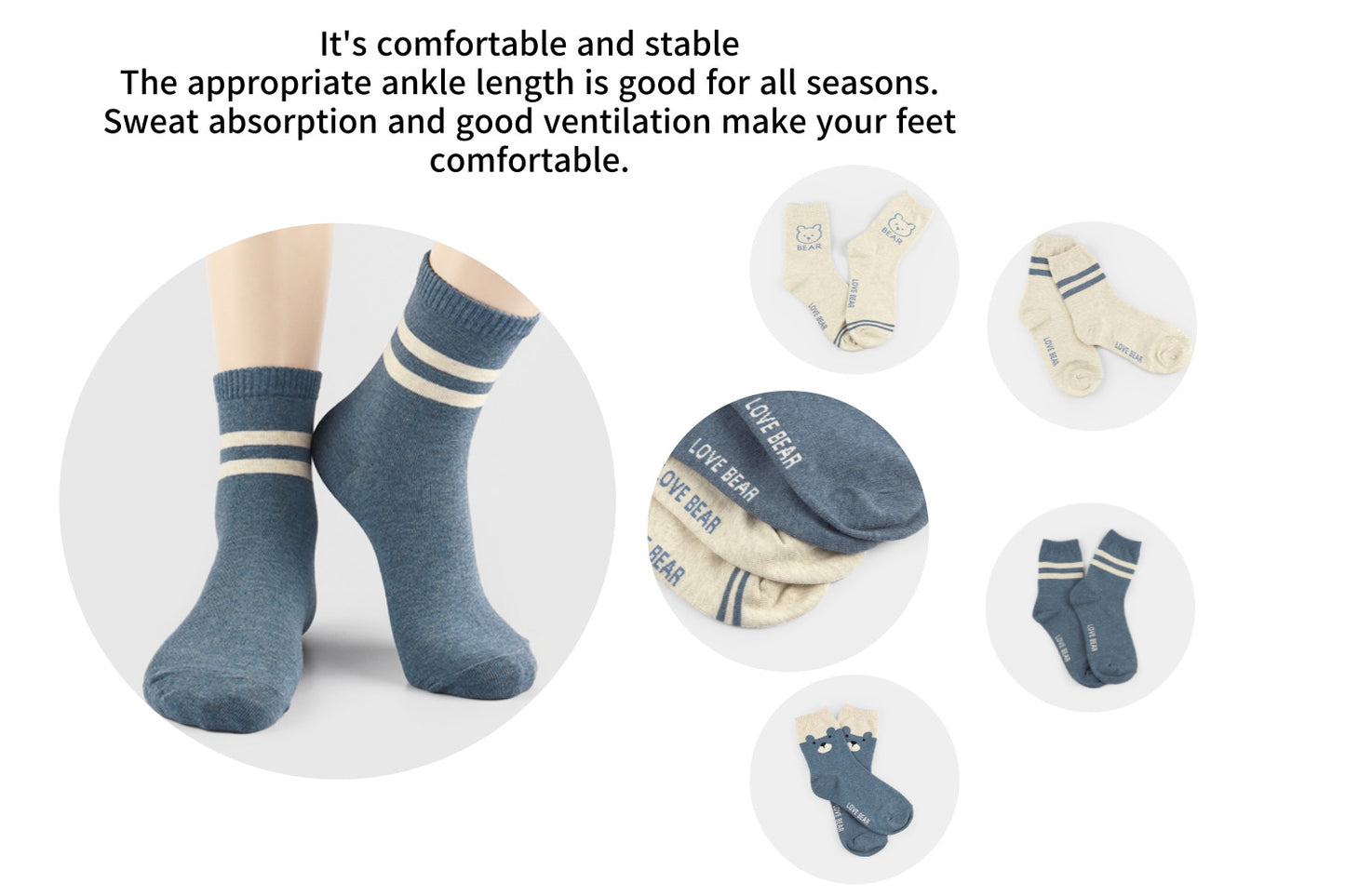 I&J Love Bear Socks Elastic Ankle Length Cotton Socks Aesthetic Socks Cute Socks Lightweight Low Cut Socks for Women(4pairs/8pairs)