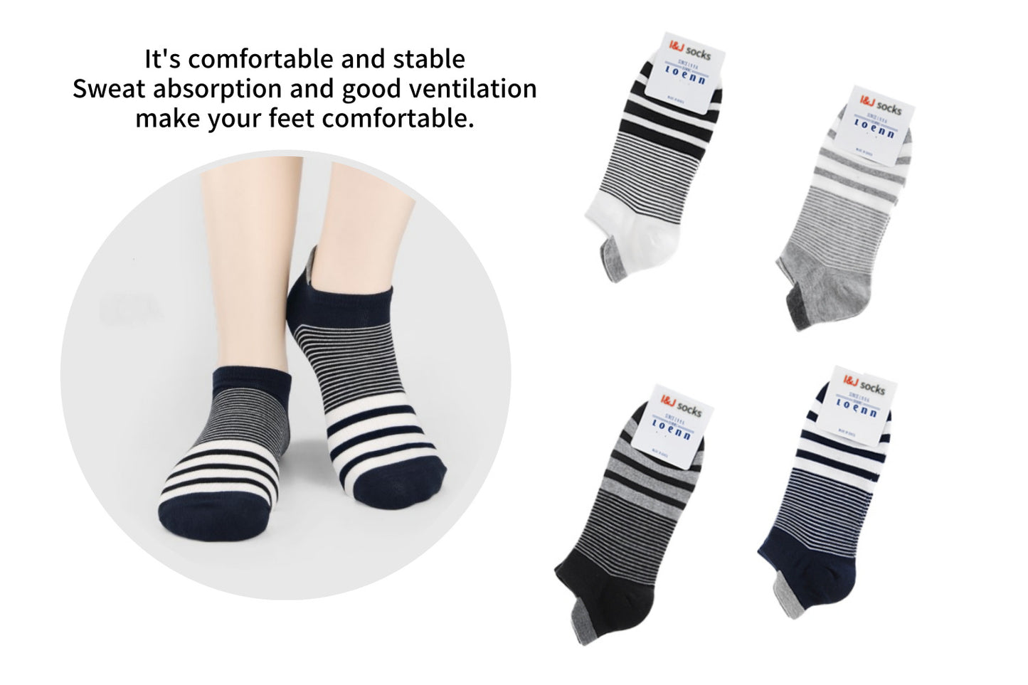 I&J Men's Gentlemen High-Quality Cotton Socks Tap Sneakers Stripe Patterned No-Show Socks, (4 Pairs / 8 Pairs / 12 Pairs)