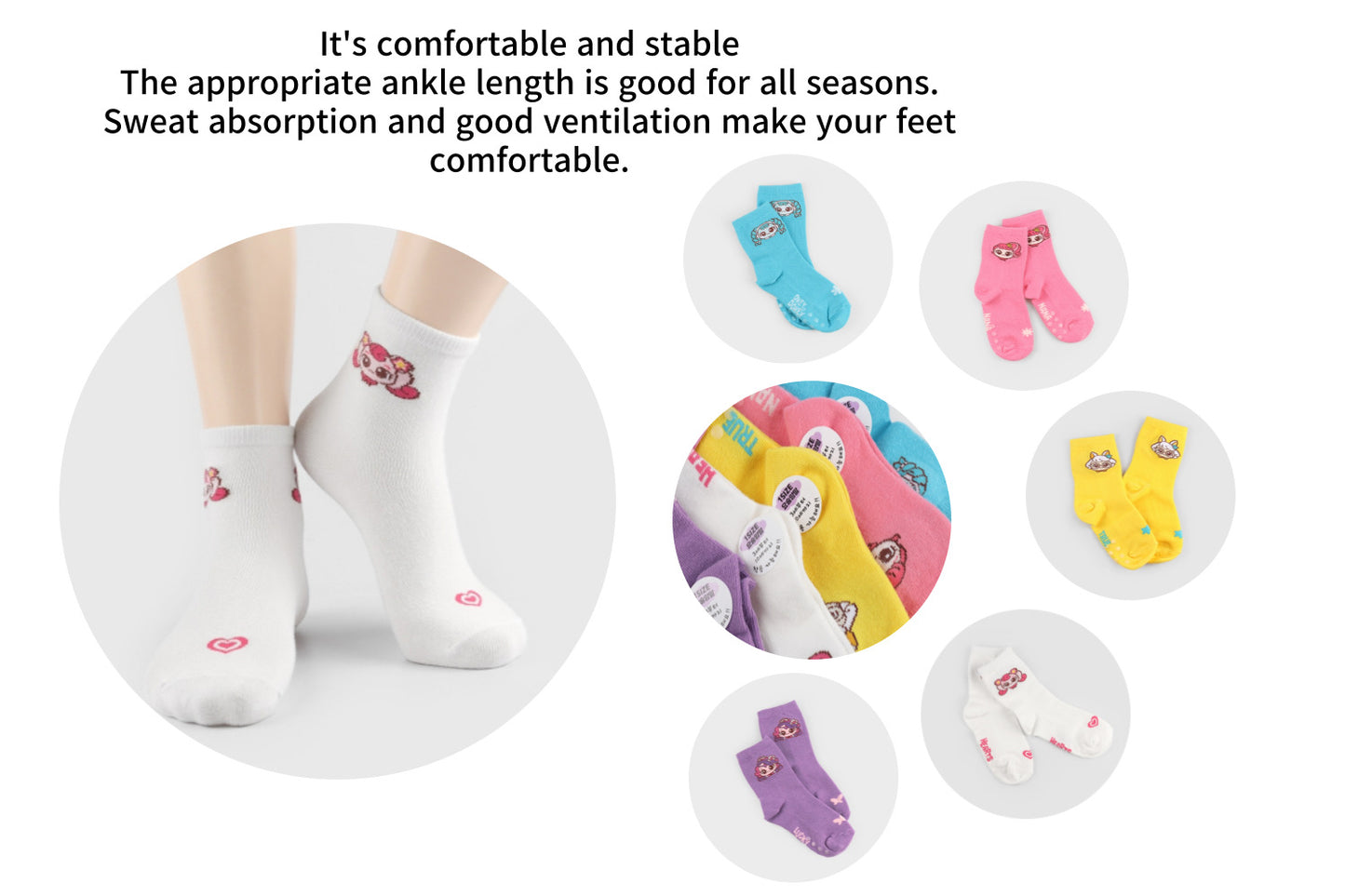 I&J Children's Mysterious Catch Tiny Pink Magic Socks Elastic Medium Cotton Socks Aesthetic Socks Cute Character Socks Non-slip on the Floor Nonslip 3-10 Years Old (ONE SIZE) Low Cut Socks for Light Children (5 Pairs/10 Pairs)